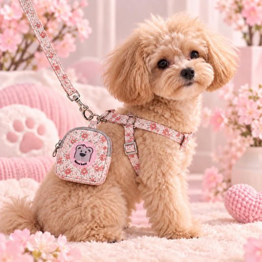 Ensemble harnais tissus fleuri pour chien - Harnais, laisse et pochette