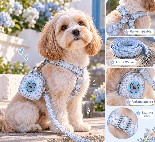 Ensemble harnais tissus fleuri pour chien - Harnais, laisse et pochette