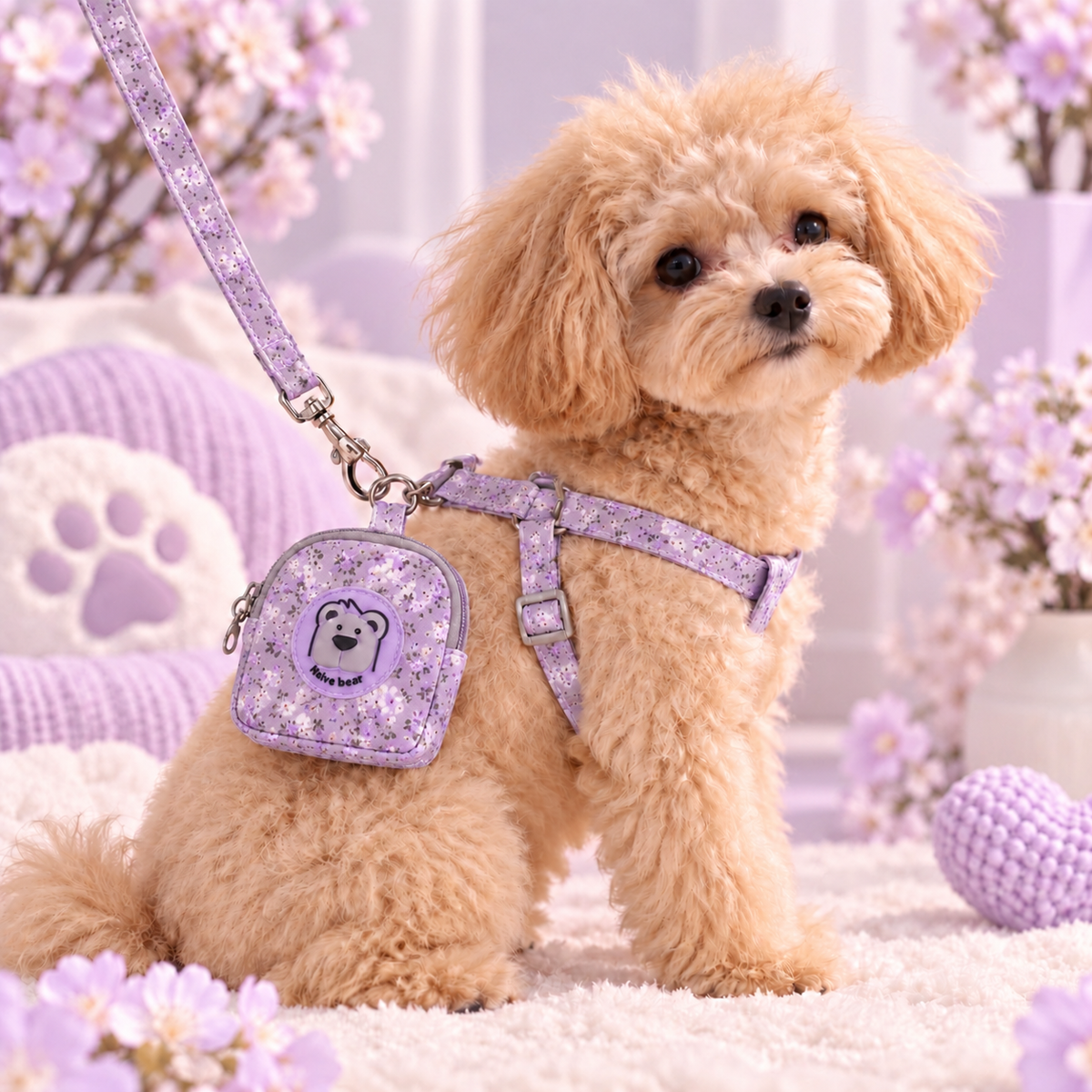 Ensemble harnais tissus fleuri pour chien - Harnais, laisse et pochette