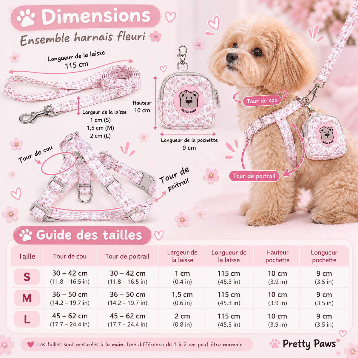 Ensemble harnais tissus fleuri pour chien - Harnais, laisse et pochette