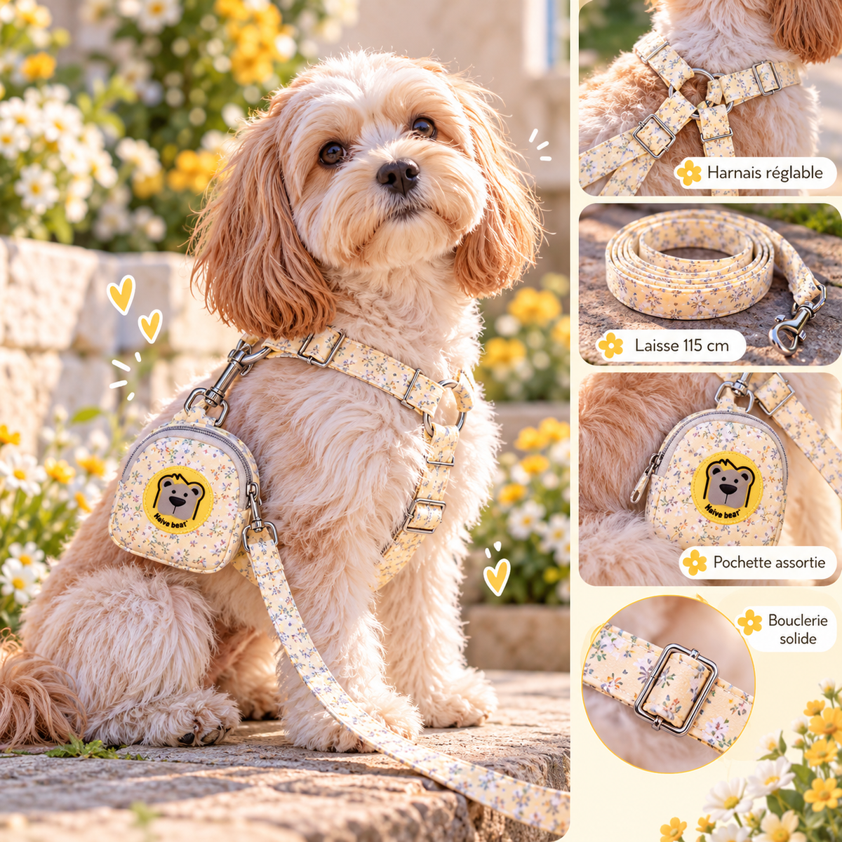 Ensemble harnais tissus fleuri pour chien - Harnais, laisse et pochette