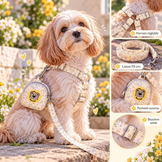 Ensemble harnais tissus fleuri pour chien - Harnais, laisse et pochette