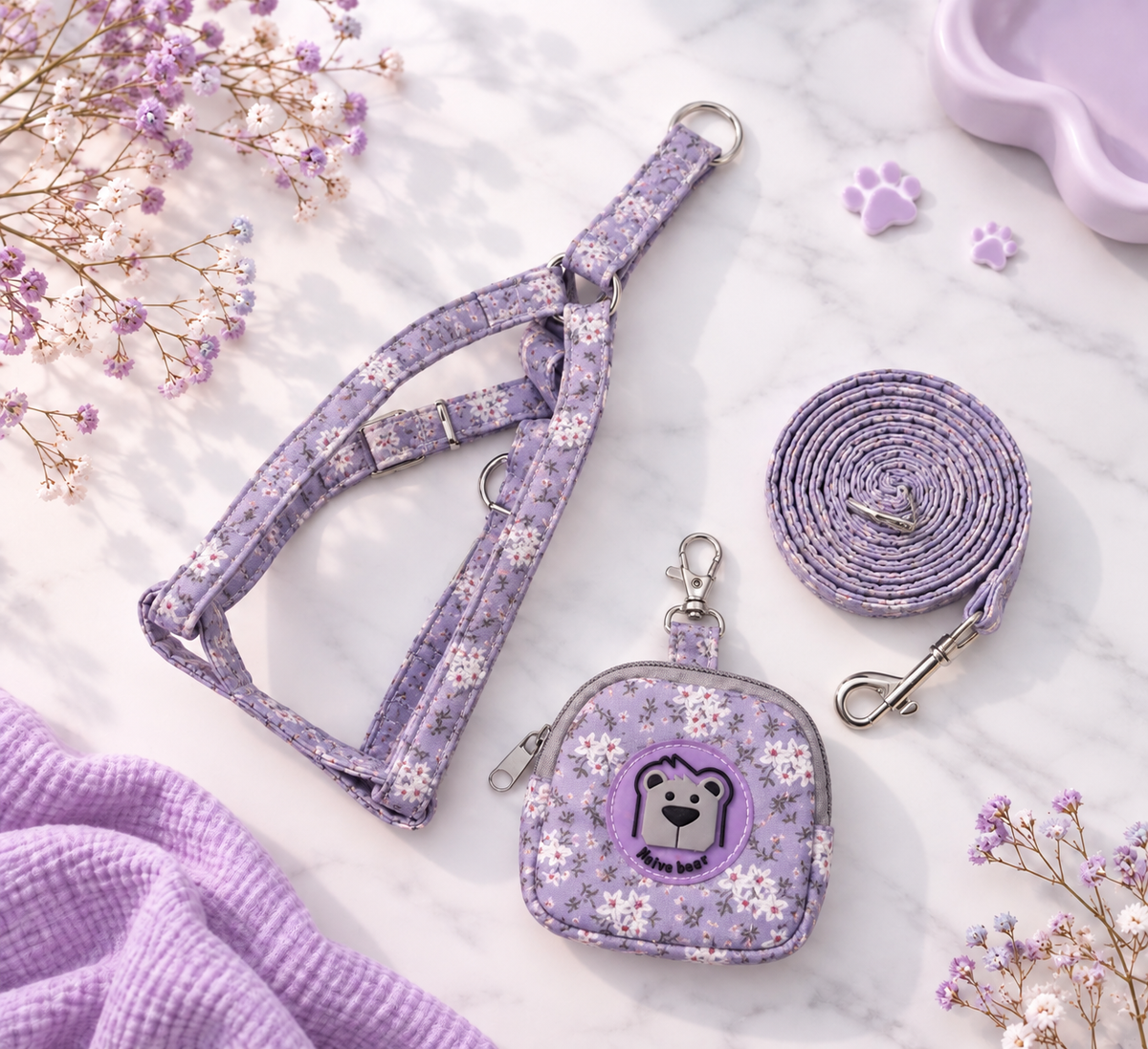 Ensemble harnais tissus fleuri pour chien - Harnais, laisse et pochette