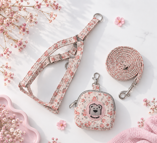 Ensemble harnais tissus fleuri pour chien - Harnais, laisse et pochette